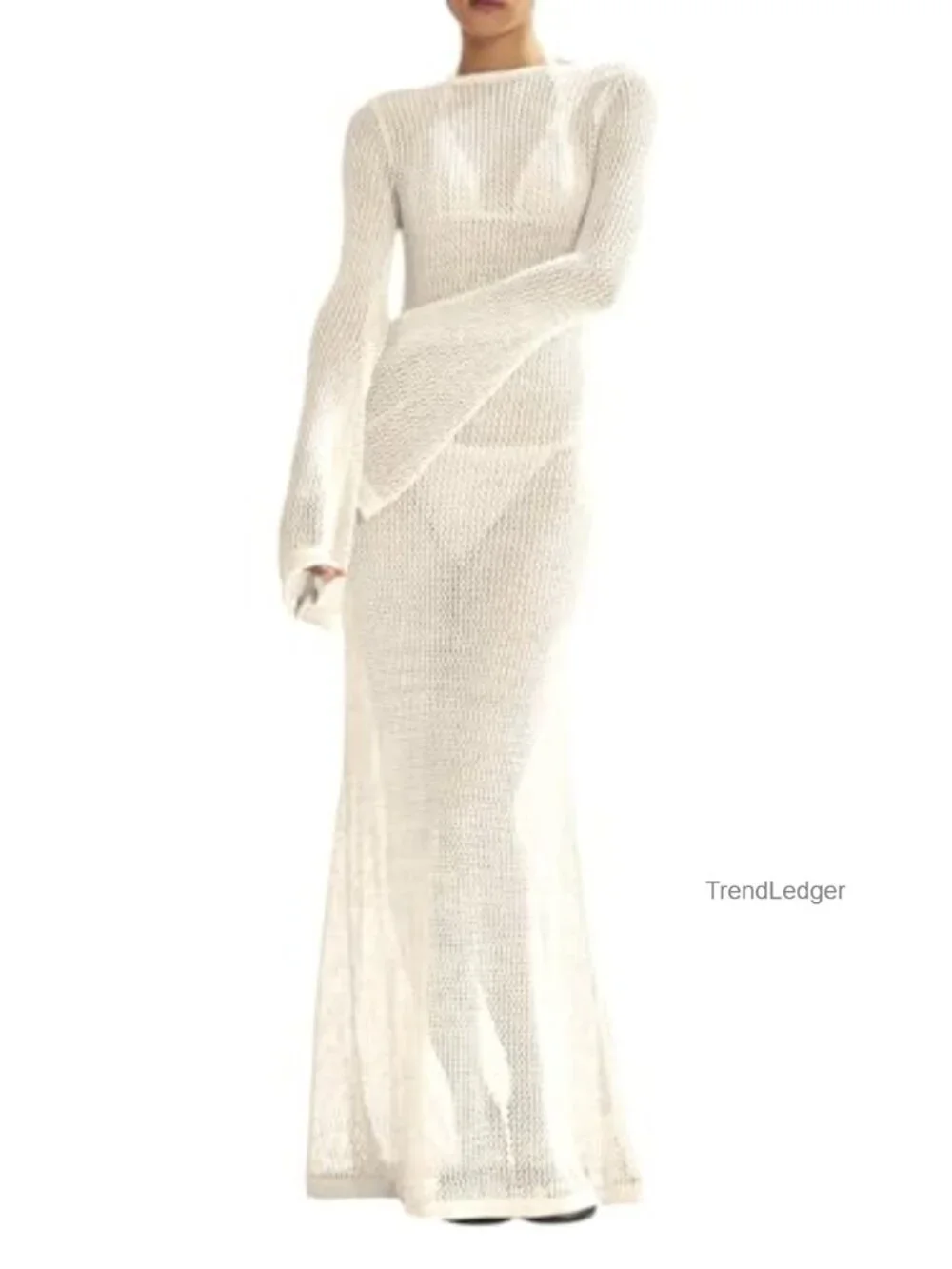 Crochet Long Sleeve Backless Beach Maxi Dress Cover Up